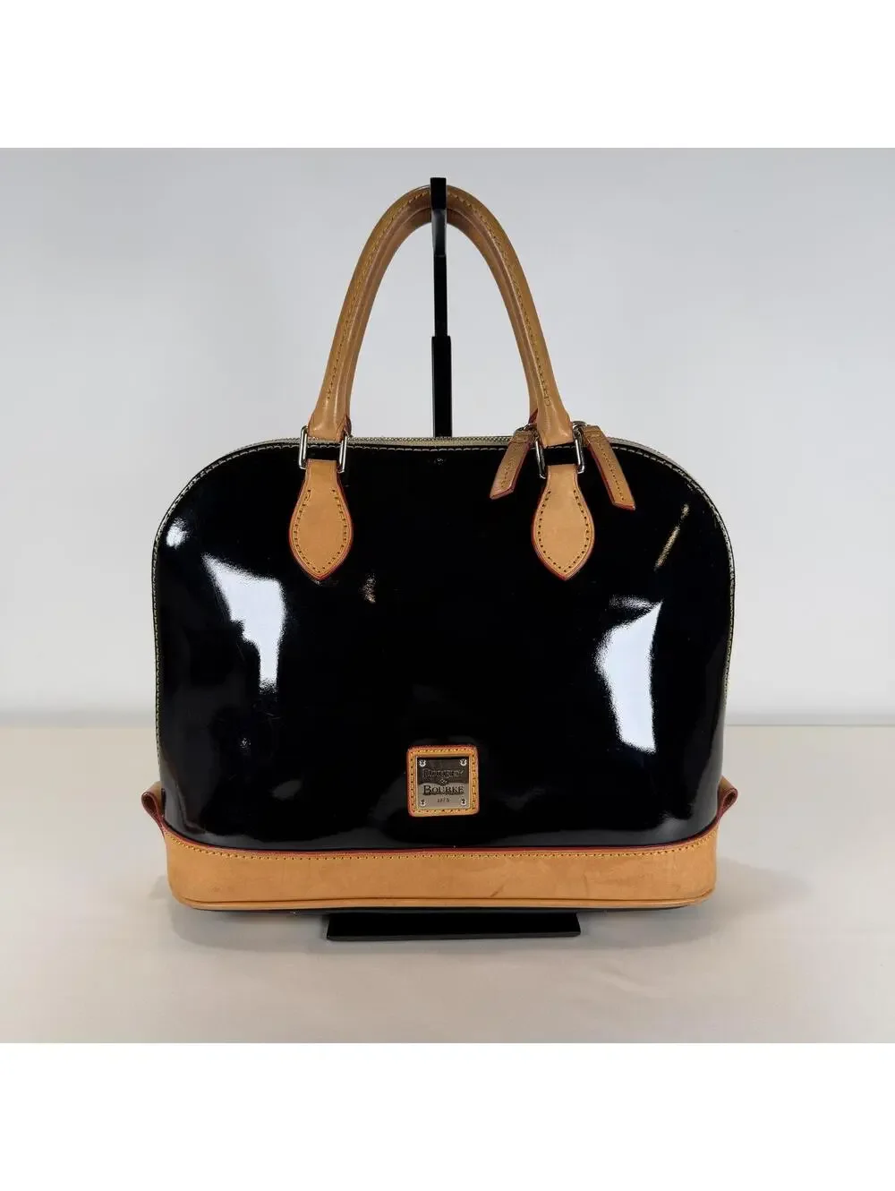 Dooney & Bourke Zip Satchel PV343 Black Patent Leather with Red Interior - Picture 3 of 9